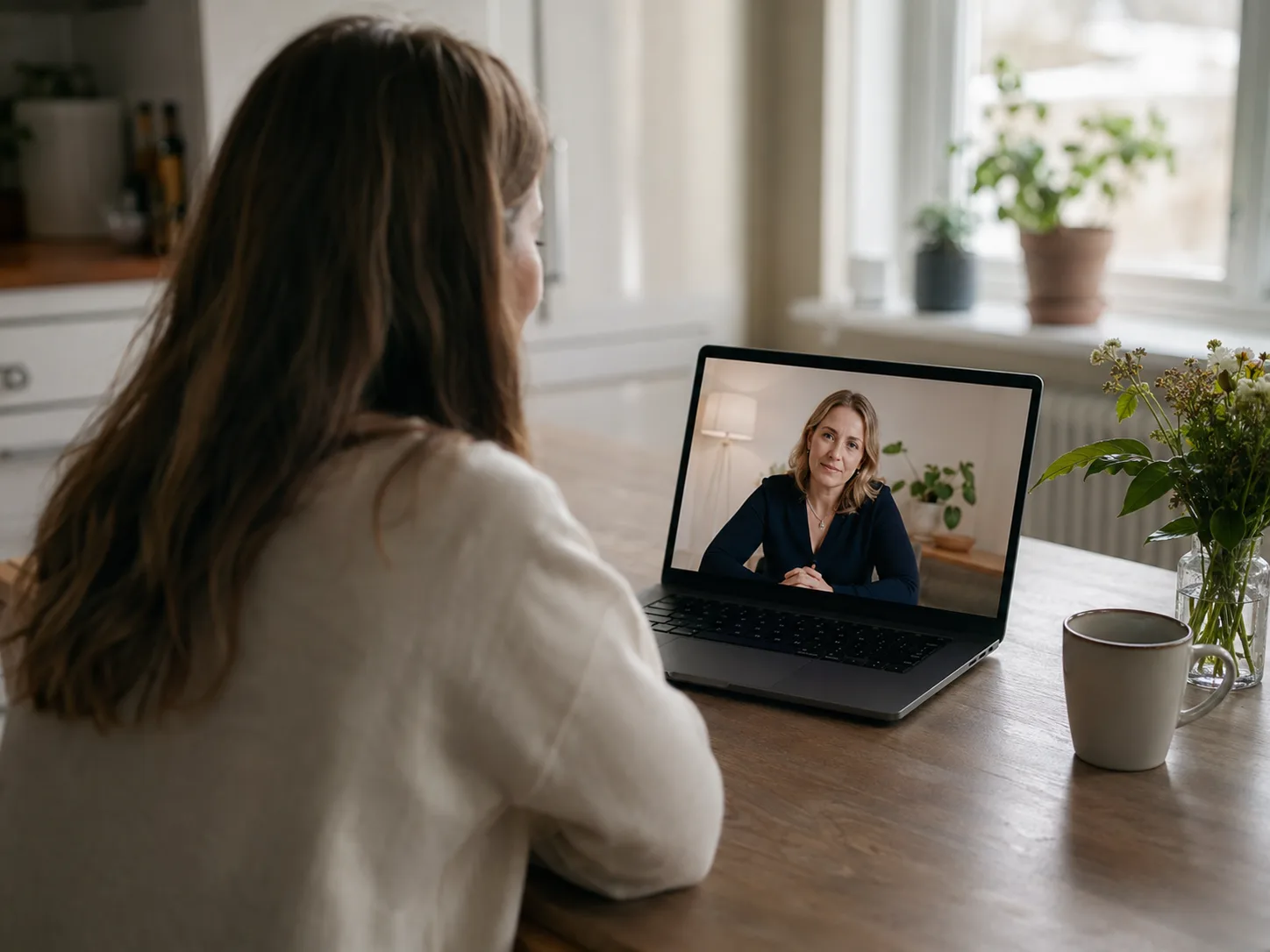Kvinne sett bakfra sitter ved kjøkkenbord og har videosamtale med en annen kvinne på bærbar PC.